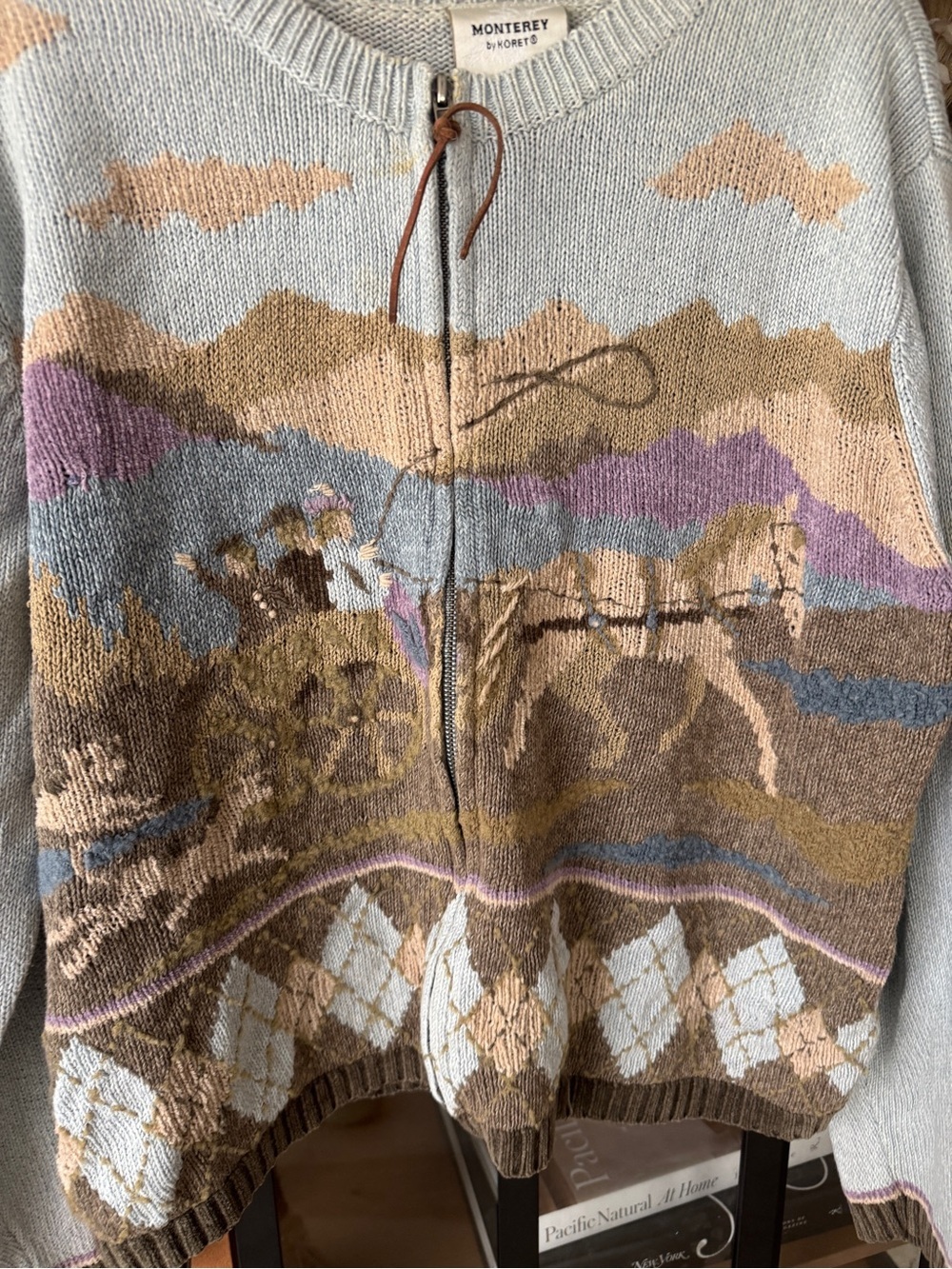 Western Vintage Horse sweater Monterey by Koret knit zip-up cardigan wagon dogs - Picture 2 of 9